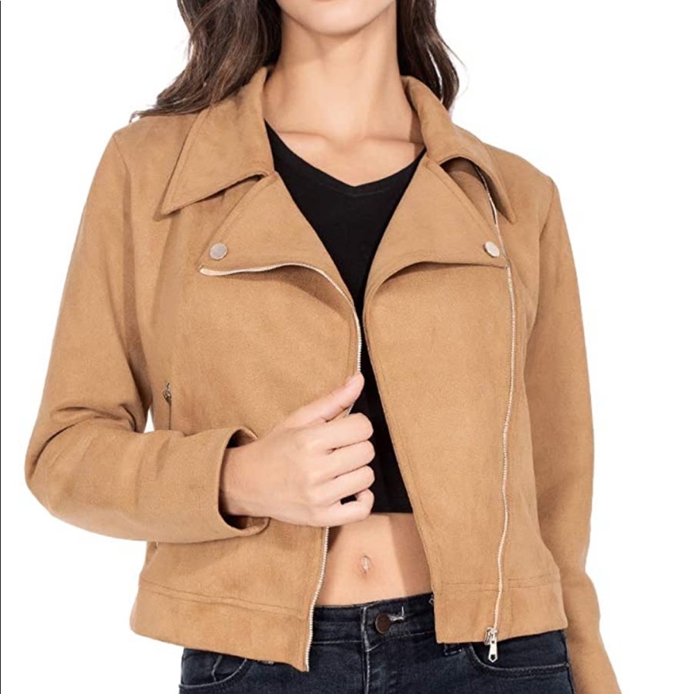 JTANIB camel faux suede cropped jacket